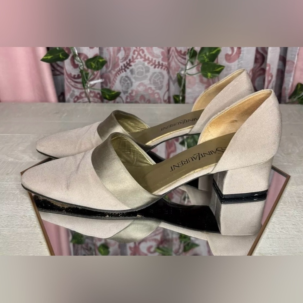 Vintage Yves Saint Laurent Silk Tan D'Orsay Women's Slingback Heels Size 7M
